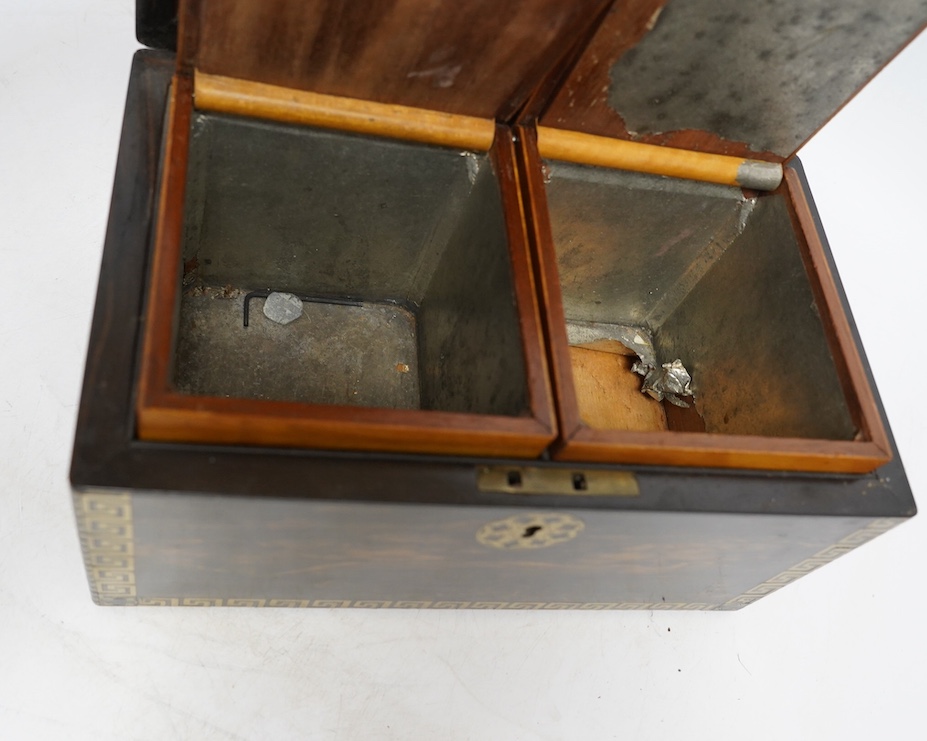 An early 19th century brass inlaid coromandel tea caddy with birch lining, 25cm wide. Condition - fair